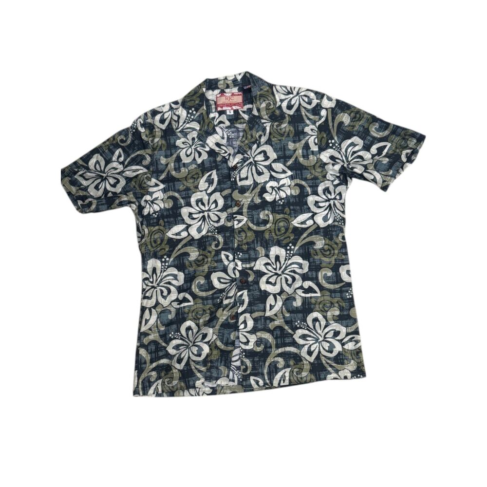 RJC Hawaiian Shirt Mens Small Blue Floral Aloha Camp Made In Hawaii USA Hibiscus